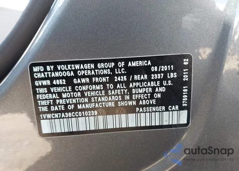 2012 Volkswagen Passat 2.0L Tdi Sel Premium from USA, damaged, VIN 1VWCN7A36CC010239